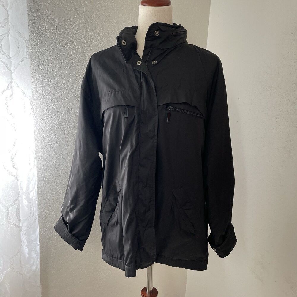 Vintage Eddie Bauer Womens Large Rain Jacket Black Hidden Hood Lightweight Zip